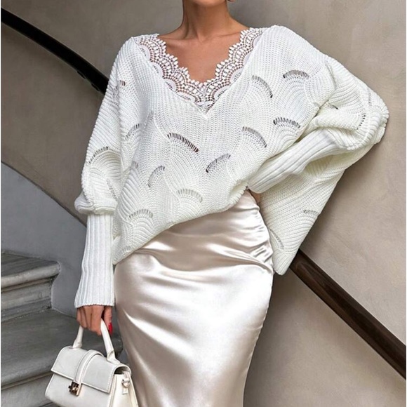 Boho Sheer Mesh Lace Long Sleeve Knit Sweater Top - Picture 1 of 7